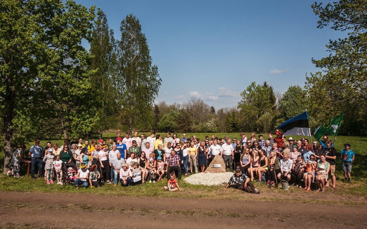 Pildil on tammepargi istutamisel osalejad tammipargi kivi ümber. Vasakul lehvitab keegi Eesti lippu.Pildistatud ilusal päikesepaistelisel ja soojal päeval maikuus. 