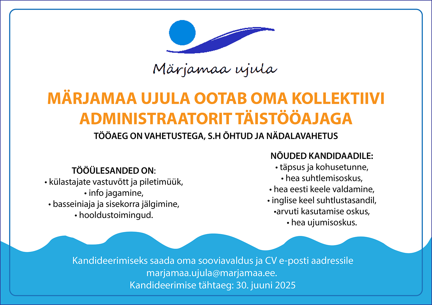 Märjamaa ujula ootab oma kollketiivi administraatorit täistööajaga