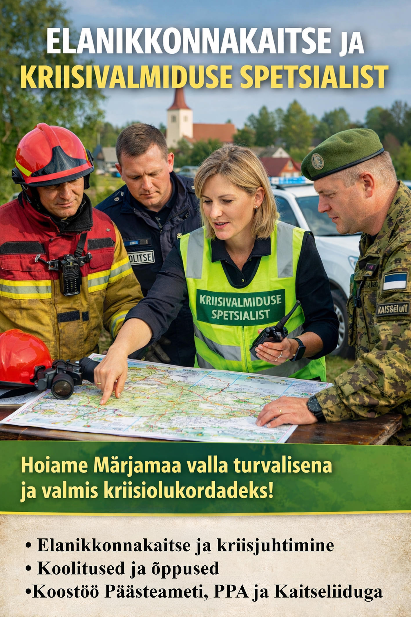Elanikkonnakaitse ja kriisivalmiduse spetsialisti värbamiskuulutusel on esiplaanil tumedal laual maakaart, vasakul pool päästjate punane kiiver ja binokkel, pareml keskel raadiosaatja. Laua taga paremal pool seisab politsei auto, sellest vasakl on roheline muru. Taamal on näha Märjamaa kirikut ja elumaju.
