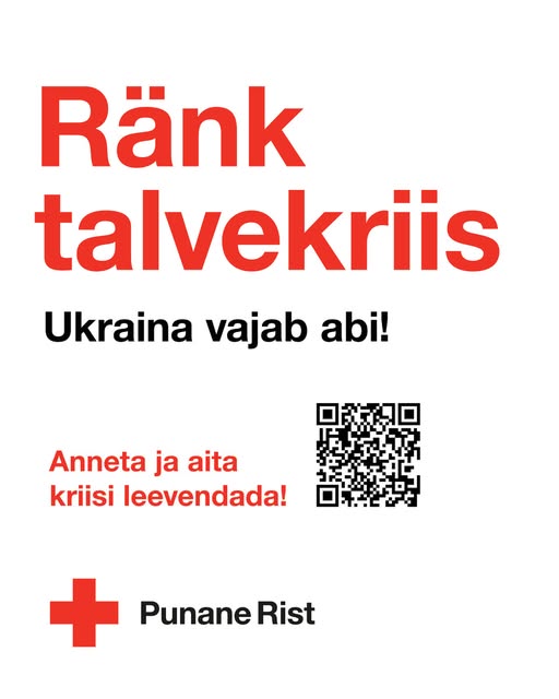 Plakat, mille valgel taustal punane kiri: RÄNK TALVEKRIIS, selle all mustas kirjas väiksemate tähtedega: Ukraina vajab abi!. Allpool punaste tähtedega: Anneta ja aita kriisi leevendada! Kõige all plakatil punane rist ja selle kõrval mustade tähtedega kiri: PUNANE RIST.