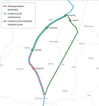 Kaart, kus on joontega näidatud bussiliini 31 ja 34 ümbersuunamine