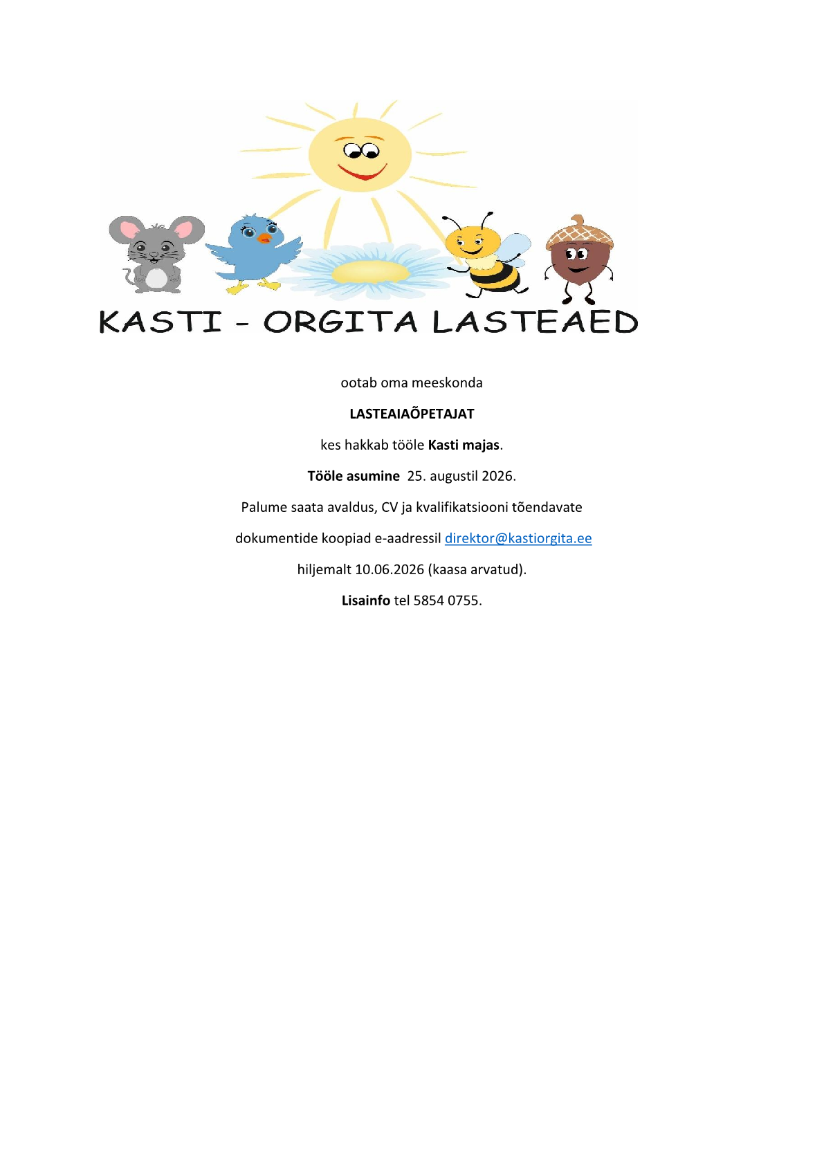 Kasti-Orgita lasteaia tööpakkumise kuulutus lasteaiaõpetajale