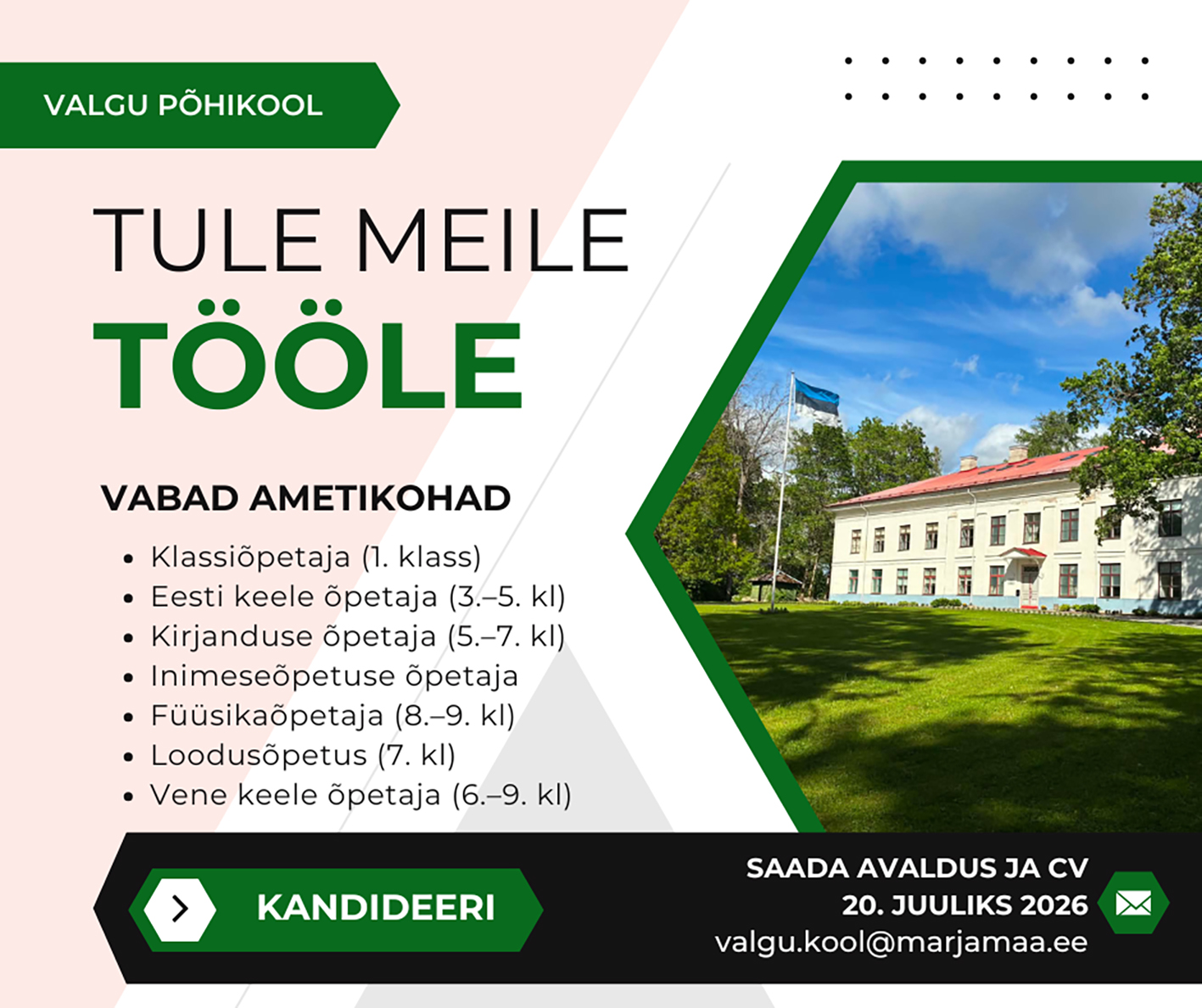 Valgu põhikool (endine mõisahoone) on valge pikk maja punase katusega - pilt majst on paigutatud palakti paremale poole. Vasakul ülal on õrnroosa kolmnurk, siis valge ala, millel on rohelises kastis valge tekst: VALGU PÕHIKOOL. Sella all roosal taustal musta tekstiga TULE MEILE ja rohelise värviga TÖÖLE. Plakati ülejäänud tekst on sama, mis artiklis.
