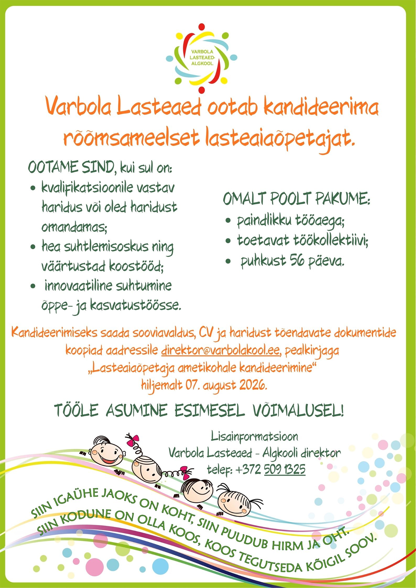 Varbola Lasteaed-Algkooli lasteaiaõpetaja kuulutus, mille tekst on artiklis kirjas.