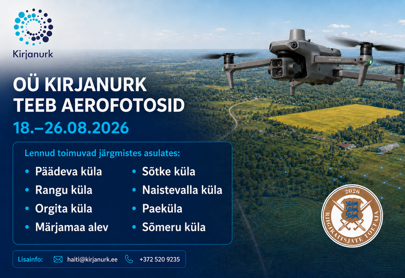Plakati põhjaks on foto mustavärvi droonist, mis lendab maastiku kohal. Plakatil on OÜ Kirjanurk logo ja sama tekst, mis artiklis.