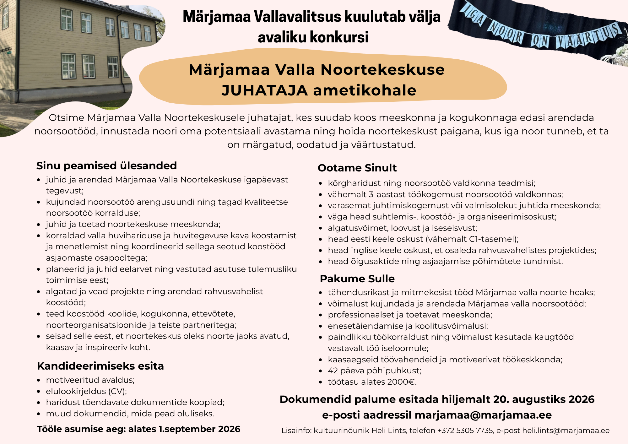 Kuulutus Märjamaa Valla Noortekeskuse juhataja avalik konkurss. Tekst on sama, mis artiklis