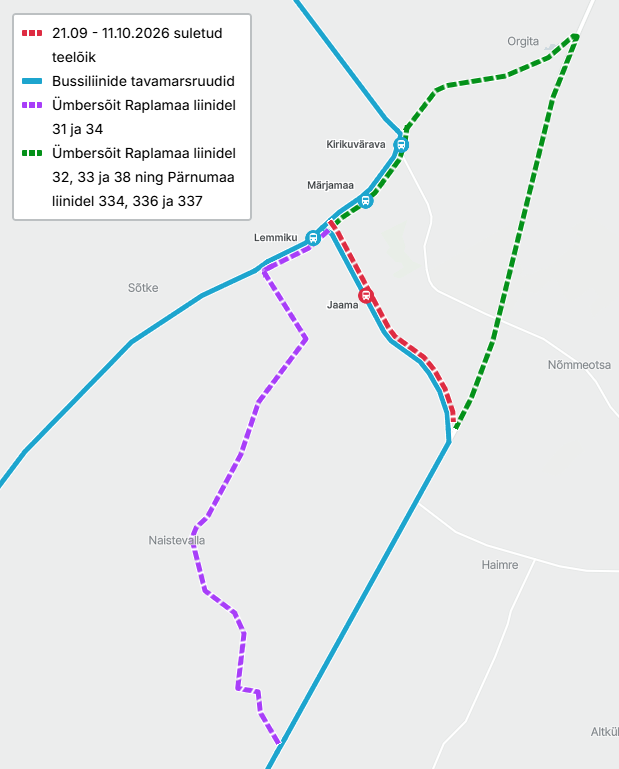 Suletud teelõik (Jaama tee) on märgitud kaardile punasega, lilla joonega on märgitud bussiliinide 31 ja 34 ümbersõit läbi Naistevalla küla. Rohelise joonega on märgitud bussiliinide nr 32, 33, 38,334, 336 ja 337 ümbersõit läbi Orgita.