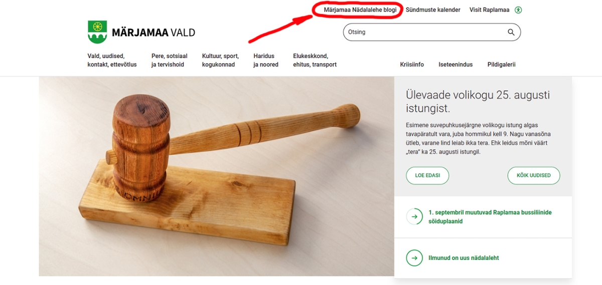 Valla kodulehe esileht, millele on punase noolega märgitud koht, kust leiada Märjamaa Nädalalehe blogi.
