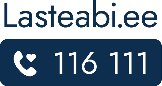 Lasteabi.ee mustas kirjas valgel taustal. Selle all mustal taustal telefoni märk ja 116 111.